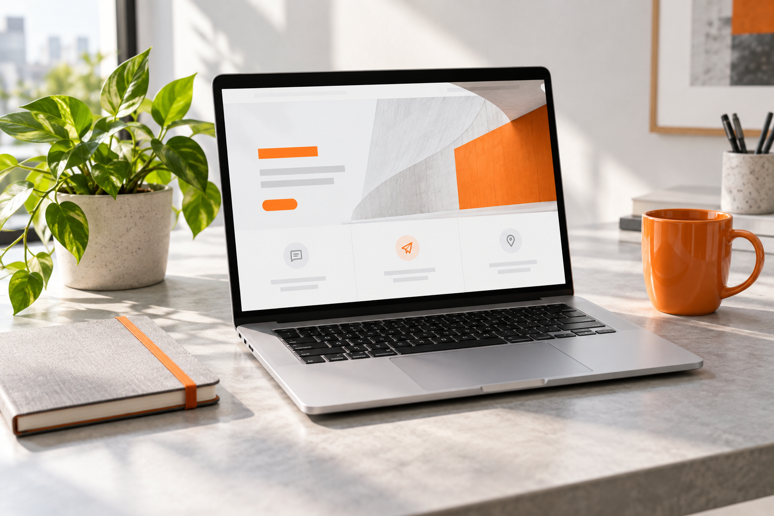 Ambiente criativo com notebook, caderno, planta e uma caneca laranja sobre a mesa
