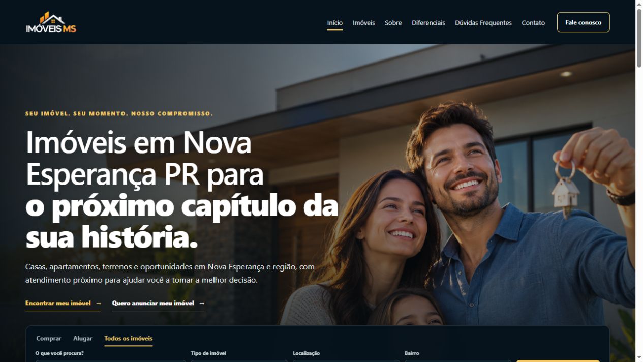 Captura real da página inicial da Imóveis MS, com apresentação de imóveis em Nova Esperança