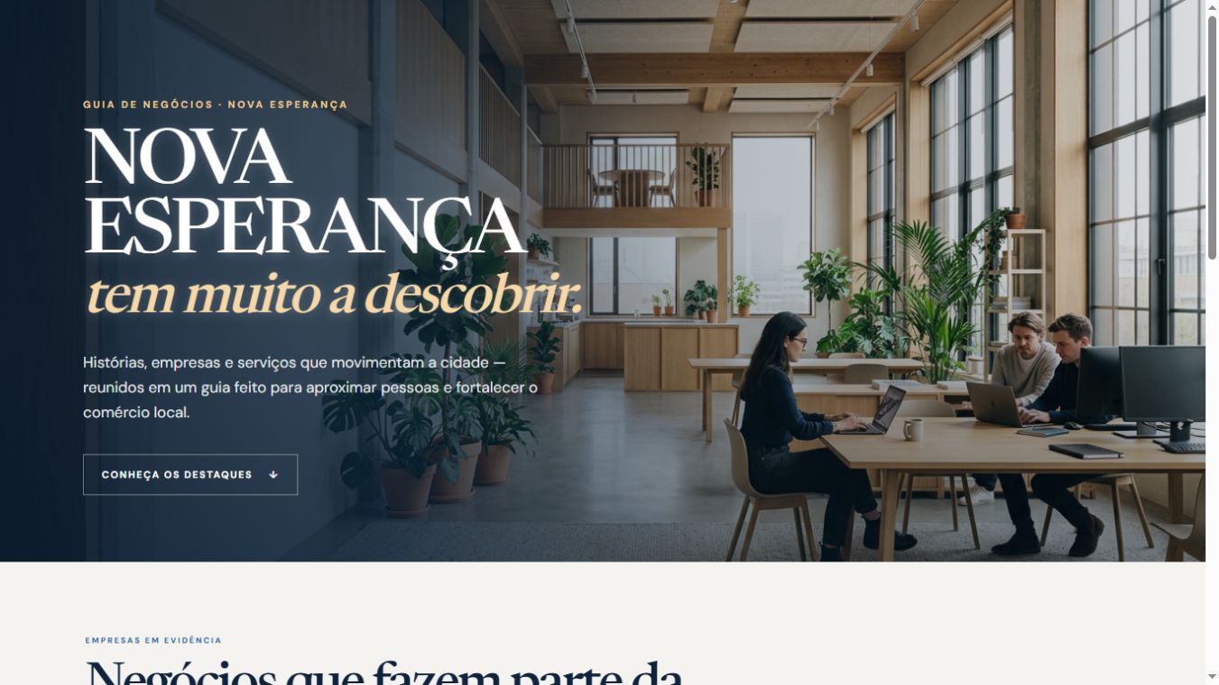 Captura real da página inicial do Guia de Negócios de Nova Esperança