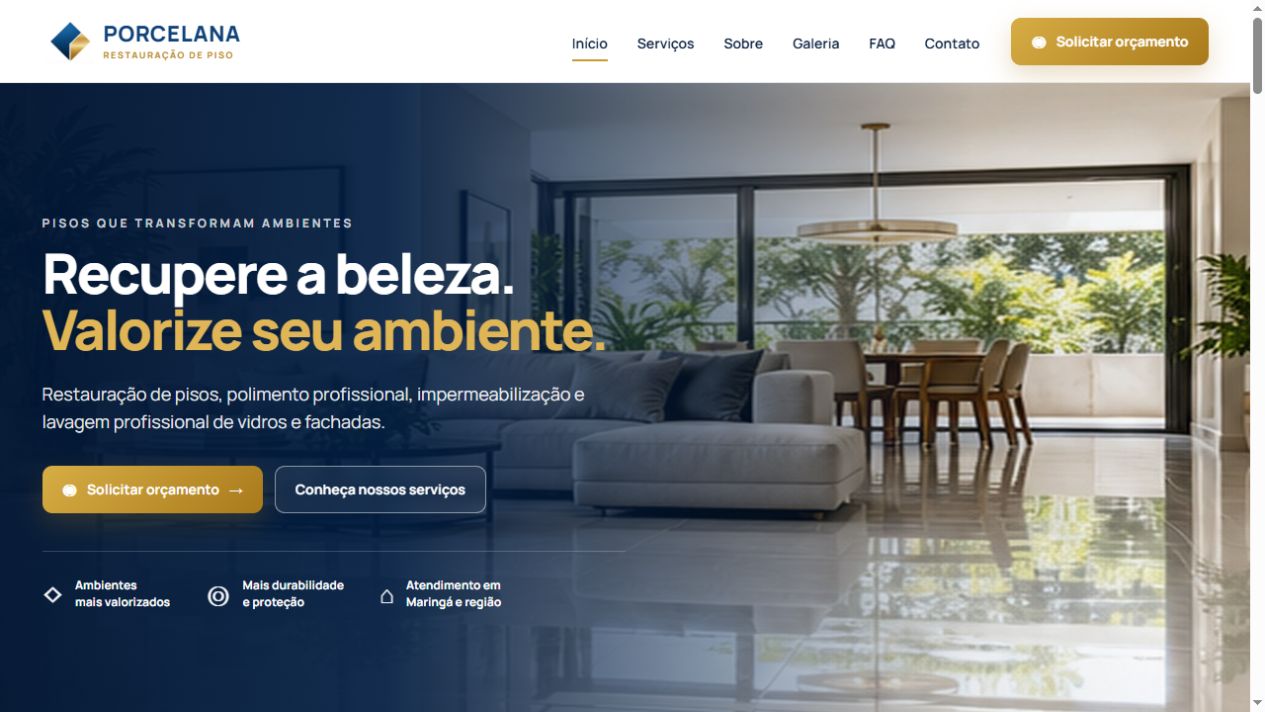 Captura real da página inicial da Porcelana, empresa de restauração de pisos